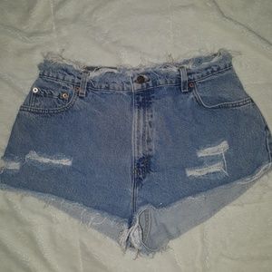 Distressed jean shorts.